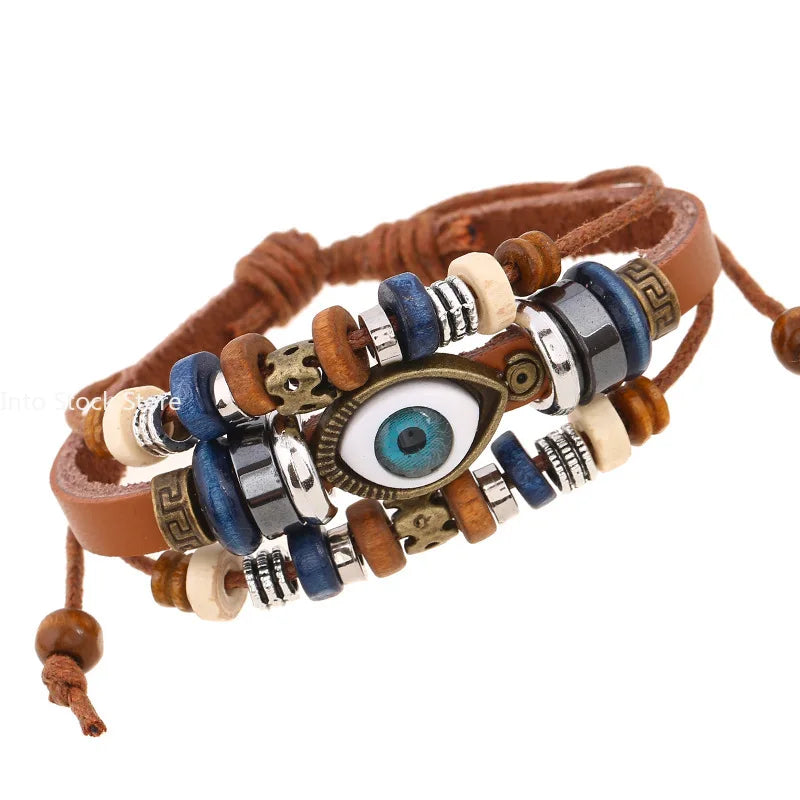 Boho Zigeuner Hippie Design Leder Seil Auge Armband mehr schicht iges Leder gewebt Perlen Armband Unisex verstellbaren Schmuck
