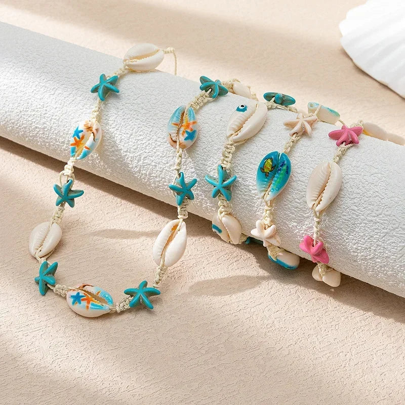 Böhmisches Imitation Muschelperlen-Armband für Frauen, Seestern, Schildkröte, gewebtes Seil-Armband, handgefertigt, Freundschaft, Strand, Urlaub, Schmuck