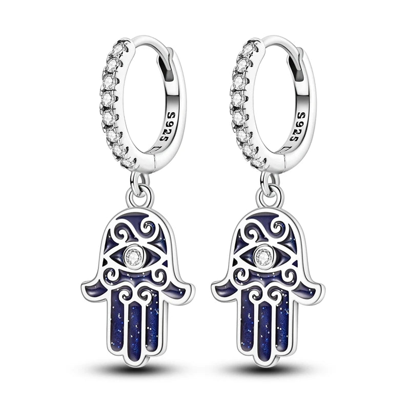 Original 925 Sterling Silber Hand von Fatima Blue Eye of Evil Creolen Kreuz Eardrop Ohrringe für Frauen Geschenk