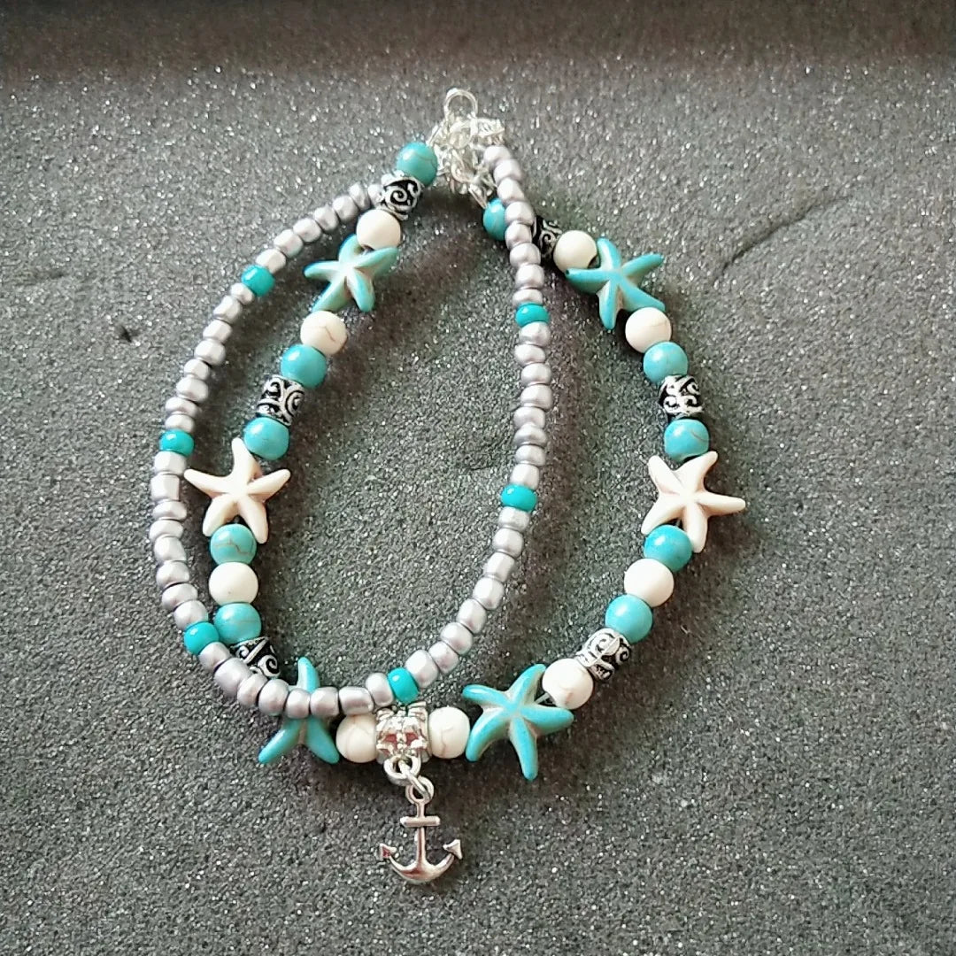Doppel Fußkettchen Conch Starfish Sand Schildkröte Anhänger Fuß Ketten Türkis Stein Perlen Charme Strand Sommer Armband Knöchel Schmuck