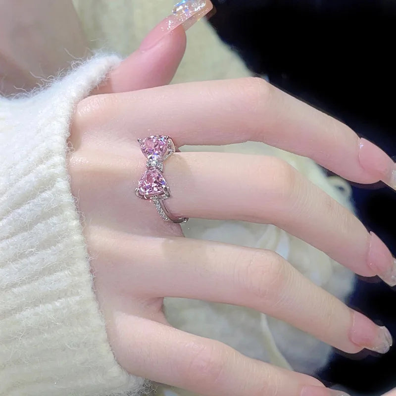 Mode Romantische Rosa Kristall Bowknot Ringe Süße Exquisite Y2K Öffnung Finger Ring Mädchen Geburtstag Party Schmuck Zubehör