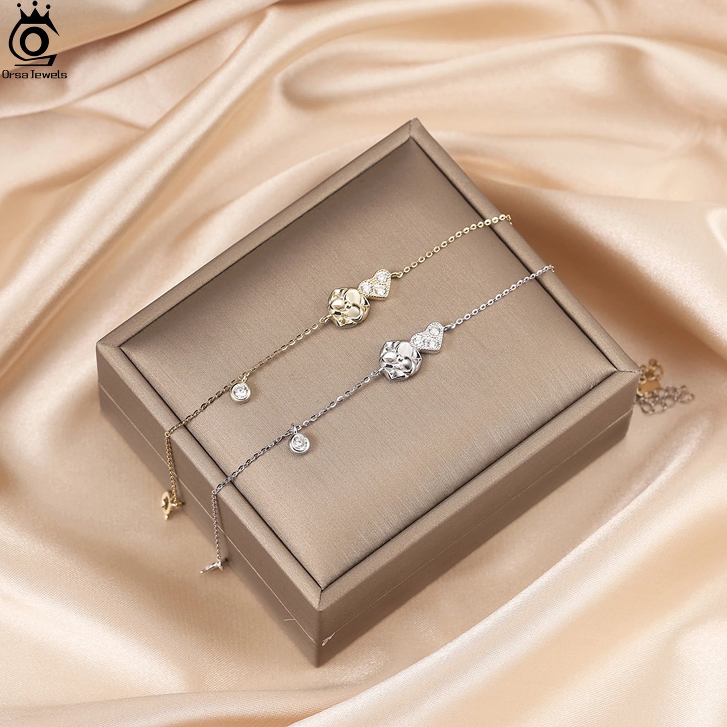 ORSA JEWELS Herz-Zirkonia-Kettenarmband aus 925er-Sterlingsilber, O-Kette, Blumendesign, Naturstil, trendige Damen-Accessoires APB09