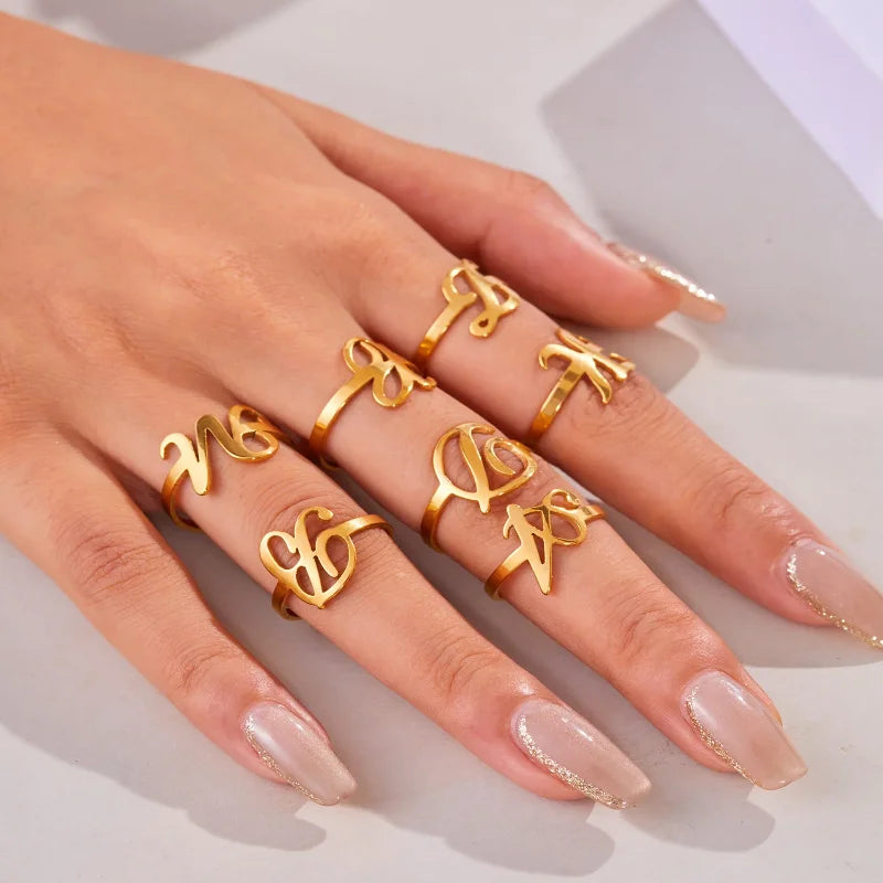 Ringe mit Anfangsbuchstaben für Damen, goldfarben, Edelstahl, A-Z, Buchstabe, verstellbarer Ring, ästhetisch, Hochzeit, Weihnachten, Schmuck, Geschenk