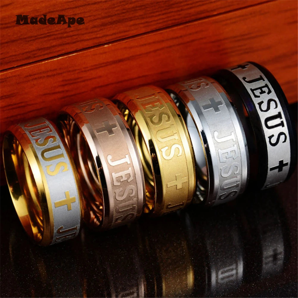 MadApe Klassischer Schmuck, 8 mm, Edelstahl, Buchstabe Bibelringe, Schwarz, Silber, Farbe, Roségold, Band, Jesus-Kreuz-Ring für Männer und Frauen
