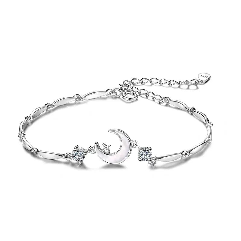 Damen-Armband aus 925er-Sterlingsilber mit Halbmond-Sternen, eingelegt mit Zirkon-Muschel, eingelegtem Mond, Silberschmuck-Armreif für Mädchen
