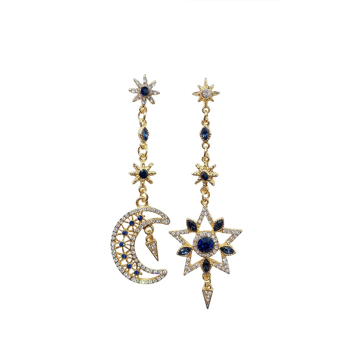 Elegante silberfarbene asymmetrische Stern- und Mond-Ohrringe, lange Statement-Quaste, funkelnde personalisierte Ohrringe, Schmuck