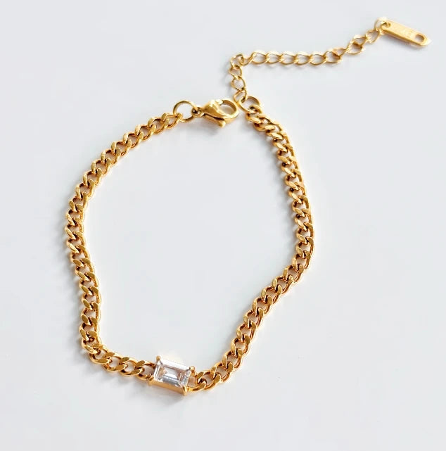 DASEIN 18 Karat vergoldetes römisches französisches weißes Tropfen-Zirkon-kubanisches Kettenarmband-Set, superglanzter Edelstahl-Vintage-Schmuck