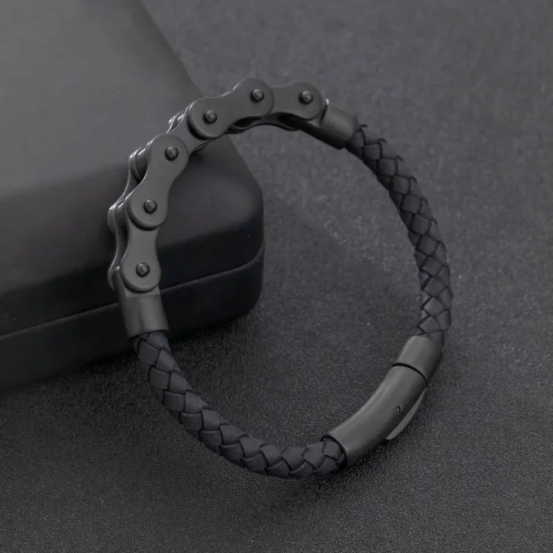 Retro Punk Fahrradkette handgewebtes Lederarmband mit Metallschnalle für Männer Motorradfahrer Rock Party Schmuck Geschenk
