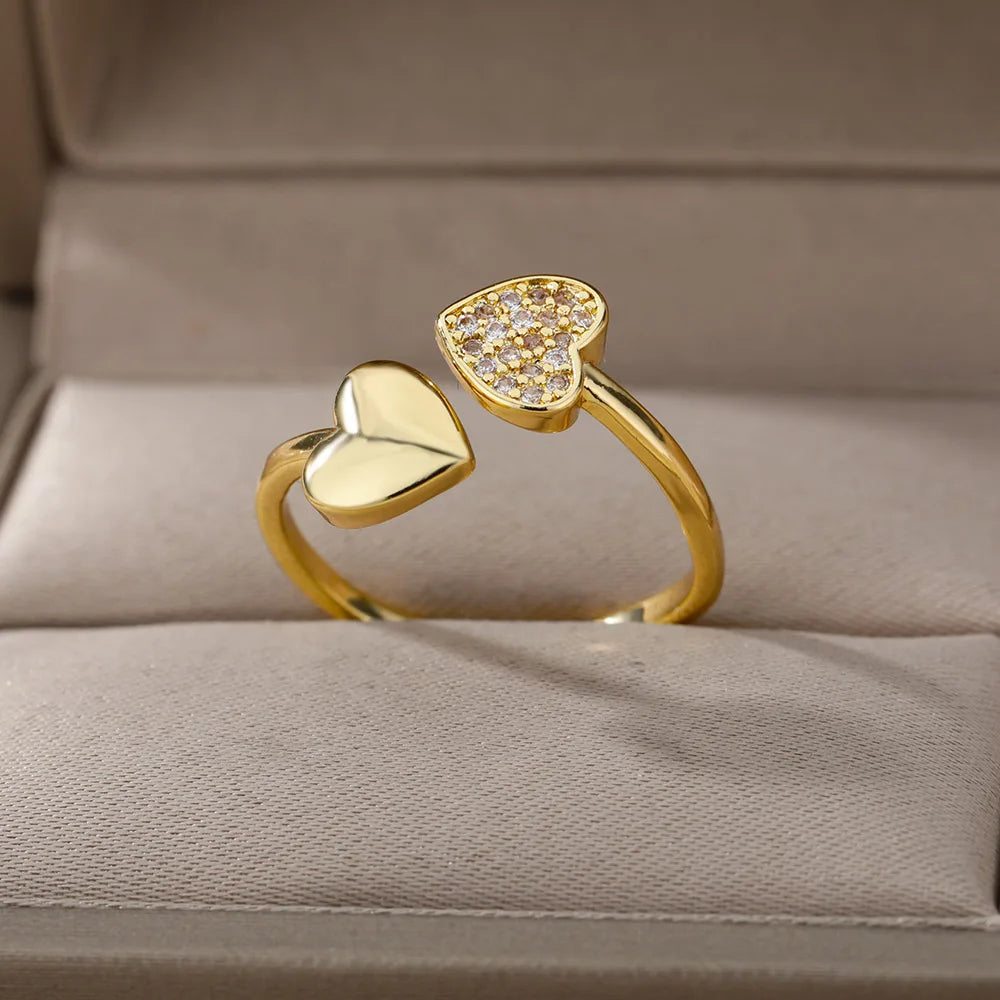 Glatte Doppel Herz Ringe Für Frauen Edelstahl Zirkon Herz Liebe Ring Einstellbare Finger Ring Weihnachten Schmuck Hochzeit Geschenk