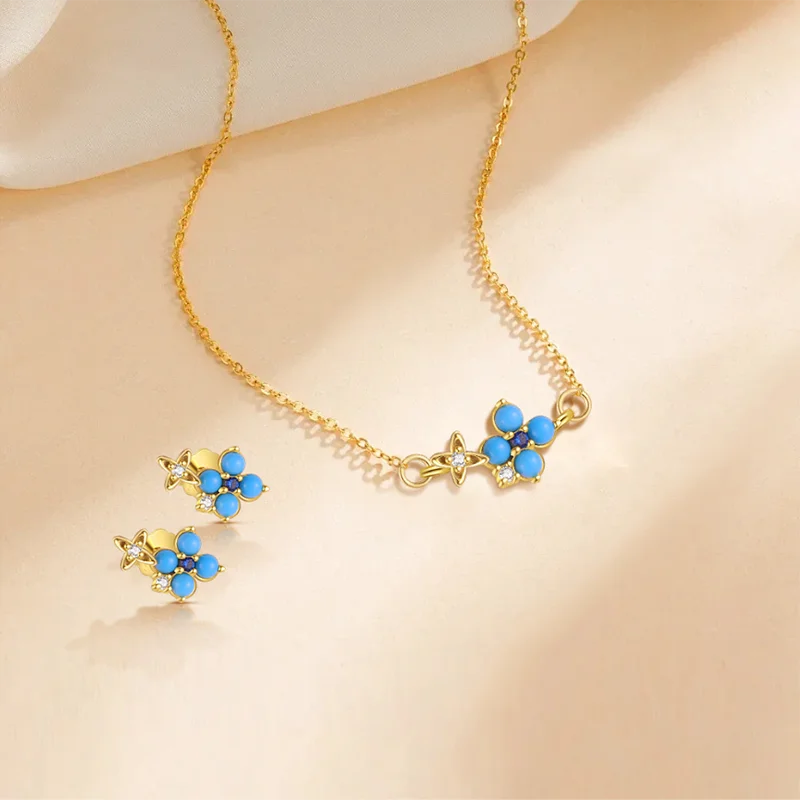 WANTME Ohrstecker aus 925er-Sterlingsilber, romantisch, blau, türkisfarben, Blumen-Stern-Ohrstecker für Damen, modischer Party-Schmuck