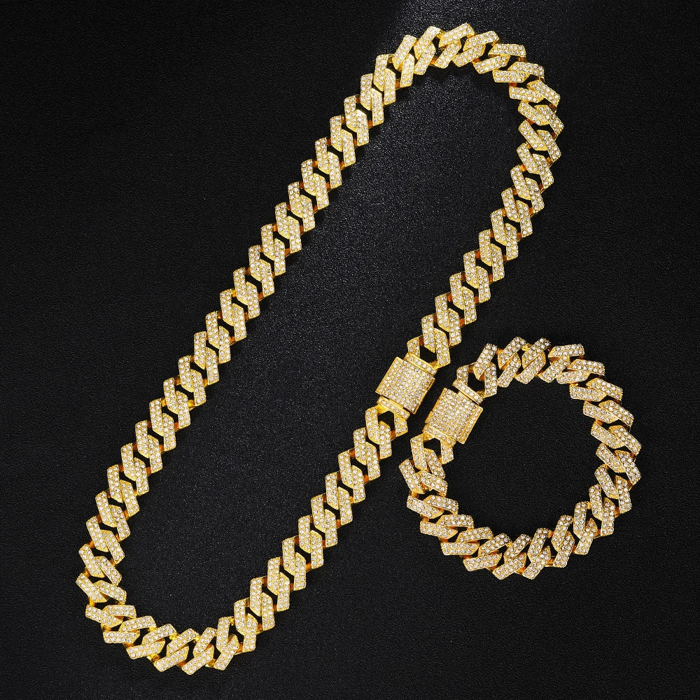 Goldfarbene kubanische Kettenuhr für Herren, Hip Hop Miami Curb, Iced Out gepflasterte Strasssteine, Bling Rapper Halskette, Uhr + Armbandschmuck