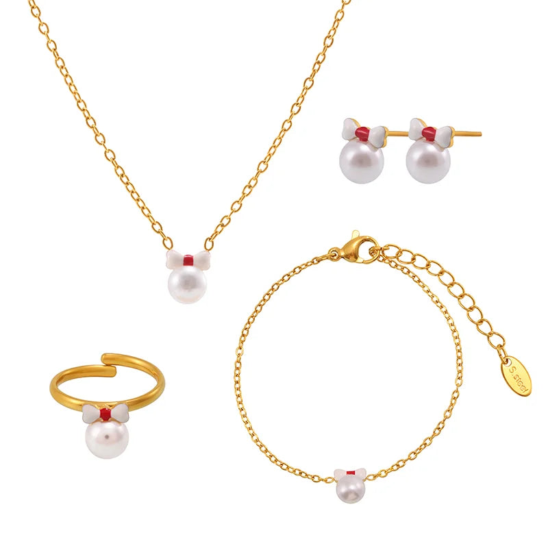 Liora Mode Emaille Bowknot Anhänger Simulierte Perle Halskette Armband Ring Ohrringe Für Mädchen Edelstahl Charme Schmuck Set