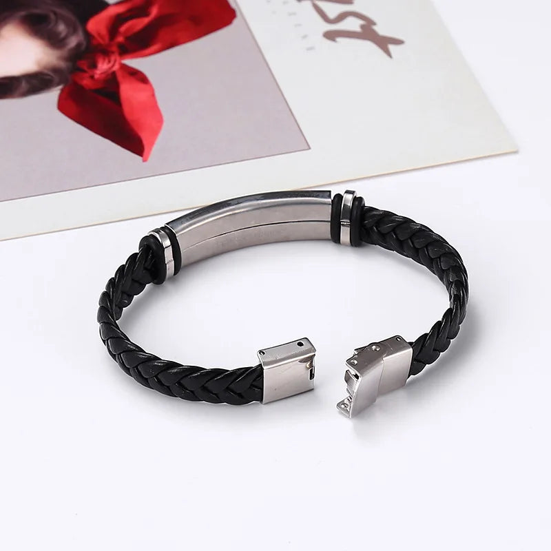 Edelstahlarmband, schlichtes, lässiges, gewebtes Lederarmband, Titan-Stahl, Lederarmband, Armband für Herren, Edelstahl