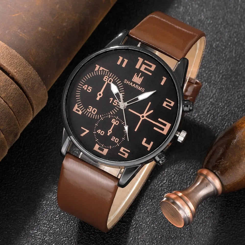 5PCS Set Mode Herren Sport Armband Uhren Für Männer Retro Große Zifferblatt Quarz Armbanduhr Klassische Männliche Casual braun Leder Uhr