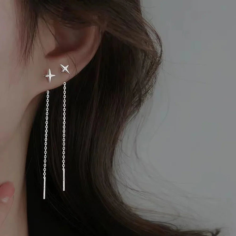 Trend Edelstahl Lange Draht Quaste Gewinde Kette Stern Anhänger Tropfen Ohrring frauen Ohr Linie Gerade Hängen Ohrringe Schmuck