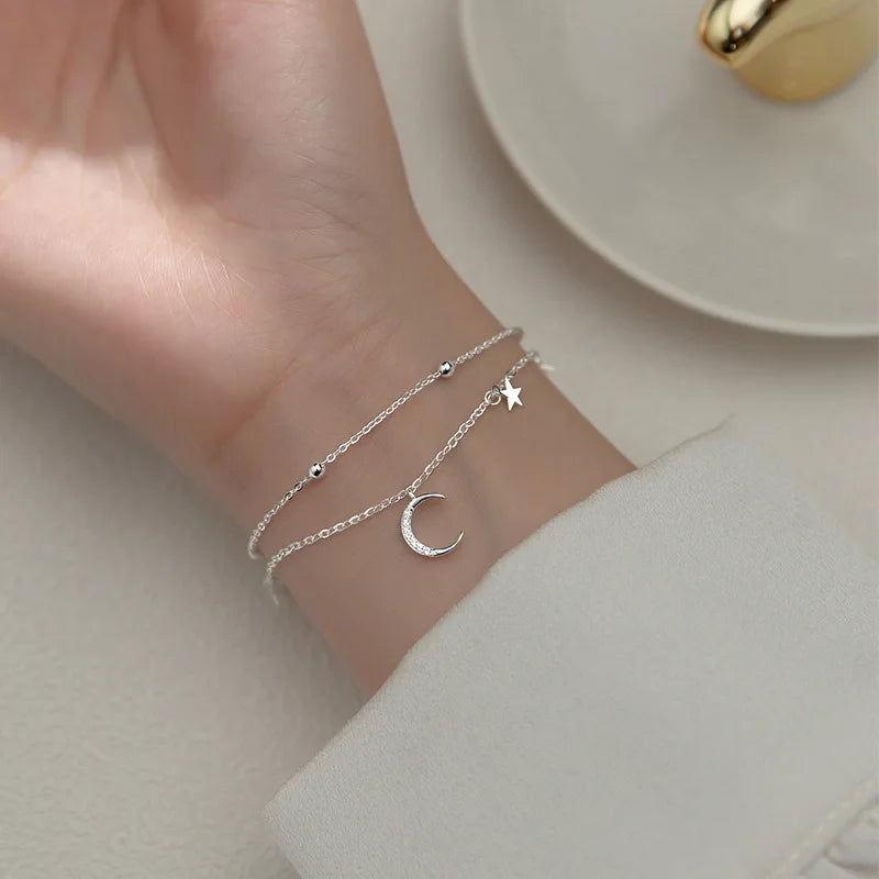 Beliebtes Stern- und Mond-Armband aus 925er-Sterlingsilber, geometrisches Doppelschicht-Armband, Party-Geschenk, modischer Damenschmuck