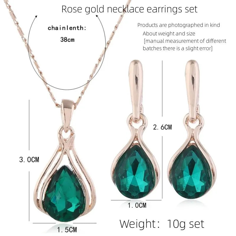 3 Stück rosé goldfarbene Halskette Ohrringe grüne Kristallglas legierung Anhänger einfache Mode Stil Schmuck Set