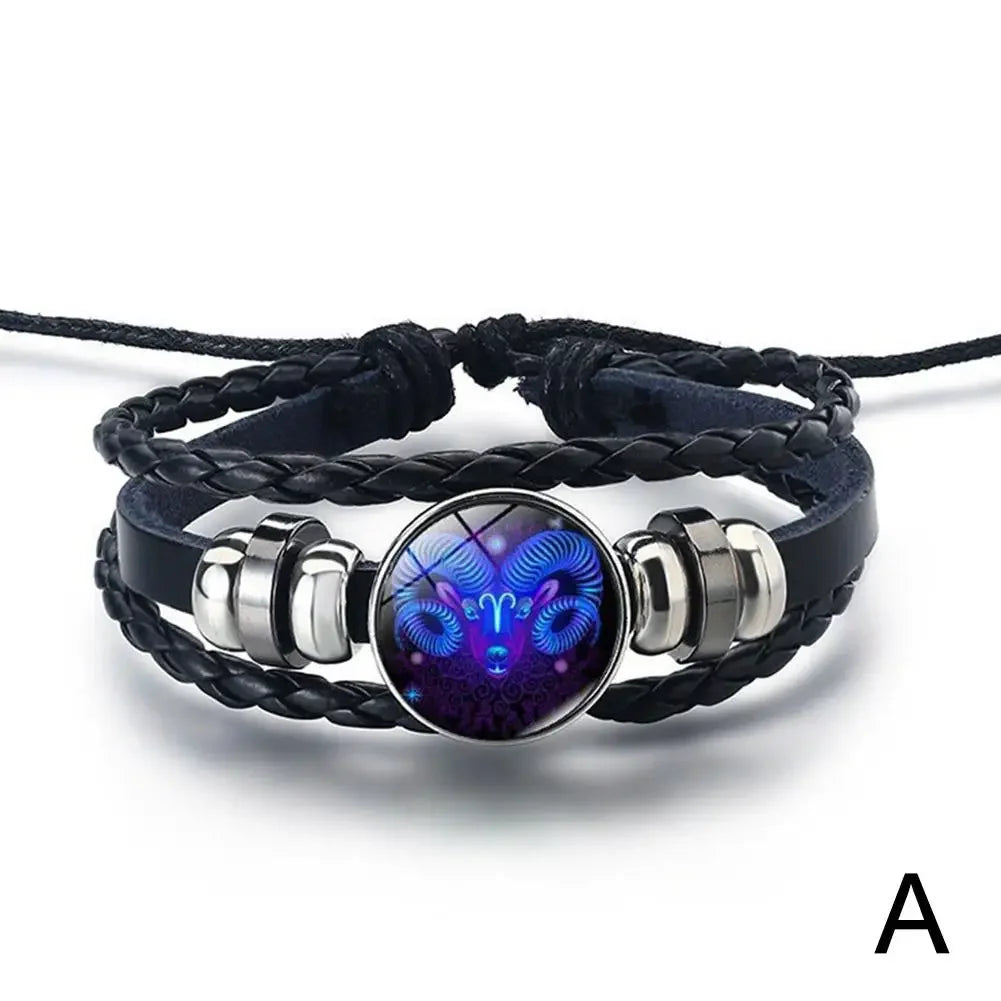 12 Sternbild Edelstein Leder Armband Männer Frauen Glas Armband Paar Leder mehr schicht ige Webart Geburtstags geschenk Armreif Edelstein
