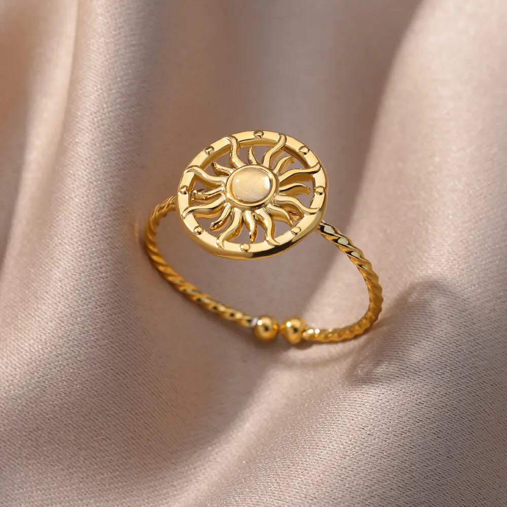 Gold Farbe Edelstahl Shell Ringe Für Frauen Vintage Oval Blau Stein Einstellbare Ring Fashion Party Schmuck Jahrestag Geschenk