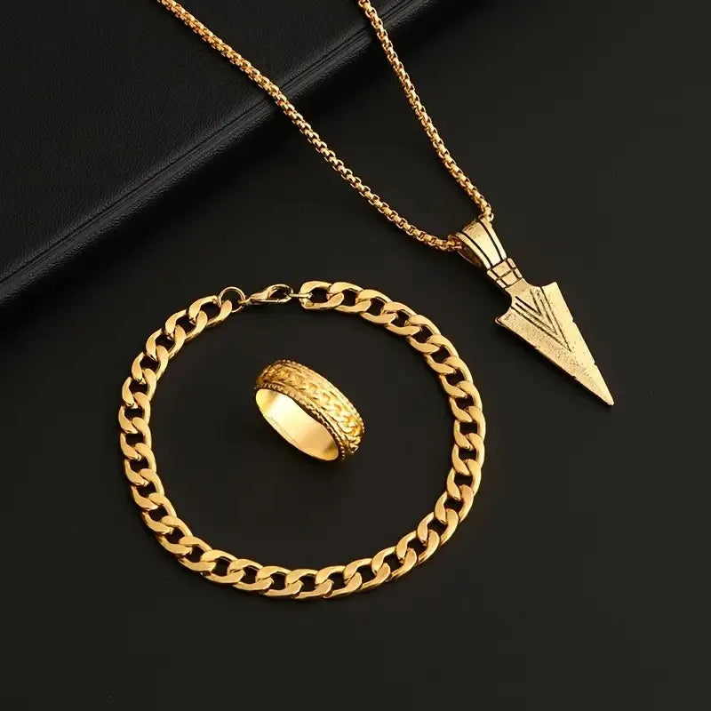 3-teiliges Set Pfeil-Schmuckset, Punk-Hip-Hop-Kette, Armband, Ring, Halskette für Damen und Herren, cooler Stil, Party-Schmuck, Geschenke
