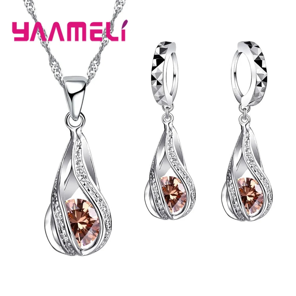 Heißwasser tropfen cz 925 Sterling Silber Schmuck Set für Frauen Anhänger Halskette Creolen Hochzeits feier Ceremey Anel