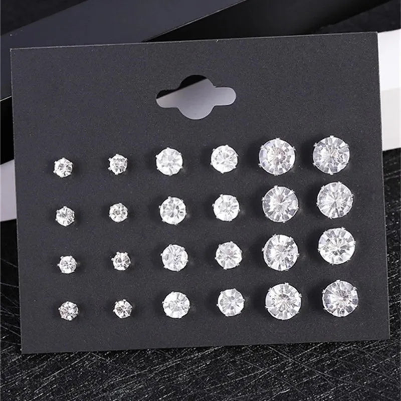 Neues 12-Paar/Packung weiß glänzendes Hochzeits-Ohrstecker-Set für Damen und Herren, Kristall-Ohrringe, Schmuck, Accessoires, Geschenke