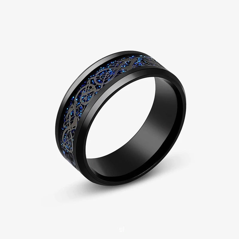 8mm Edelstahl Dominierenden Drachen Muster Ringe für Männer Frauen Punk Intarsien Blau Carbon Faser Ring bagues pour femme