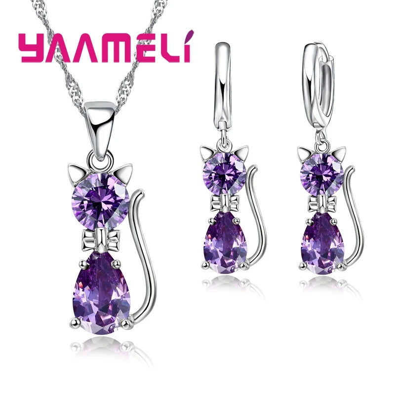 Echtes 925er-Sterlingsilber, farbige Schmucksets für Damen und Mädchen, glänzender österreichischer Kristall, niedliche Katze, Anhänger, Halskette, Huggie-Ohrring