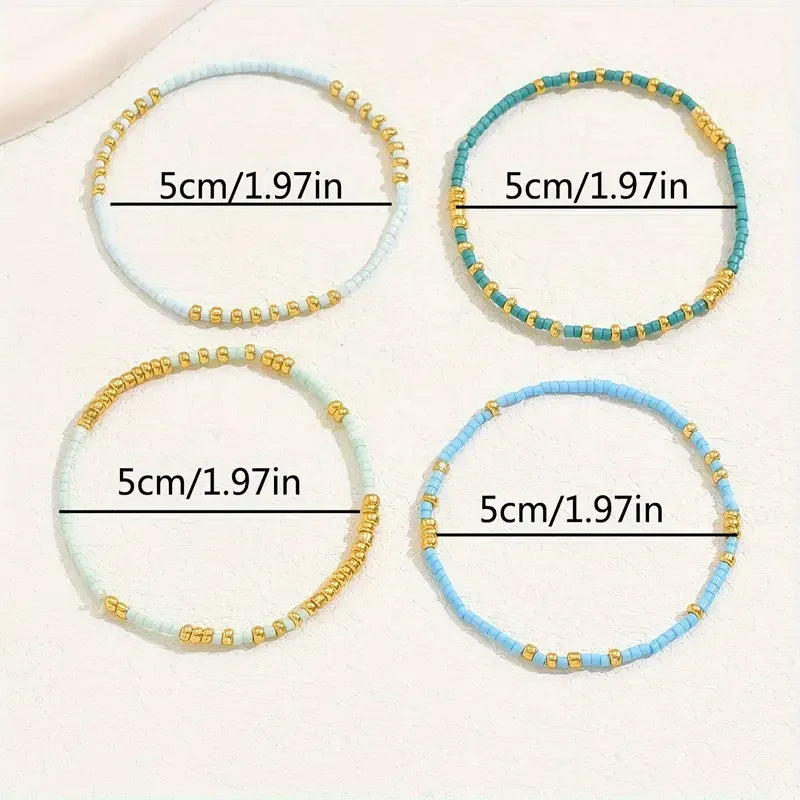 4-teiliges türkisfarbenes Rocailles-Stretch-Armband-Set, Böhmen, goldfarben, Glasperlen, elastisch, handgefertigt, für Mädchen, Urlaubsschmuck