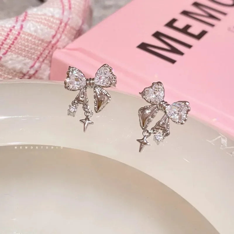 Koreanische Schleifen Ohrring mit weißem Zirkon Damenmode Niedliche rosa Kristall Ohrstecker Y2k Ohrring für Mädchen Party Schmuck Geschenke
