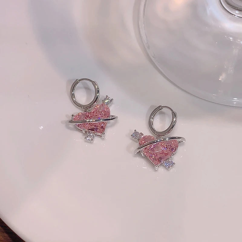 Y2k Kristall rosa Herz Halskette Ohrring Set Mode kpop glänzende Schlüsselbein kette für Frauen Mädchen neue Trend Party Geschenke Schmuck