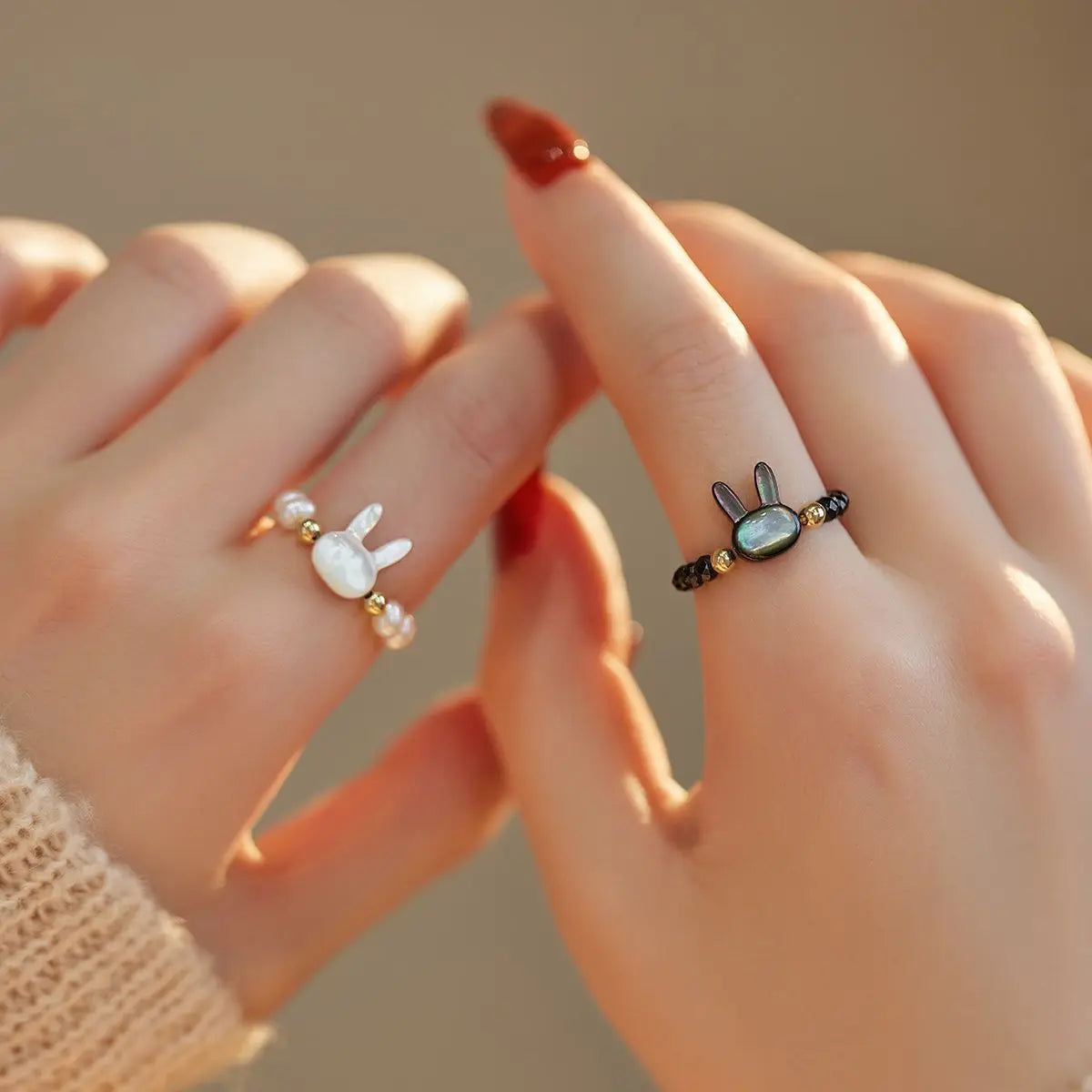 2 stücke Natürliche Mondstein Obsidian Ringe Perlen Minimalistischen Ring Nette Schwarz Weiß Katze Ring Frauen Männer Party Zubehör Schmuck