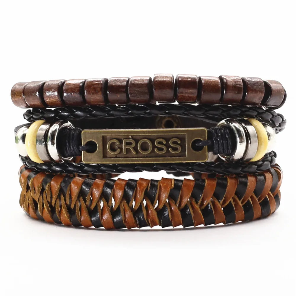 WESTBULL 3 Teile/satz Multilayer Leder Armbänder Für Männer Kreuz Charme Homme Armreifen Geschenk Schmuck