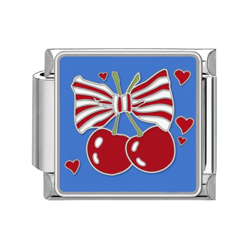 Niedliche Schleife, Knoten, Herz, Kirsche, süß, rosa, rot, italienische Charm-Verbindungen, passend für 9 mm Armbänder, Edelstahl, Damenschmuck, DIY-Herstellung von Geschenken