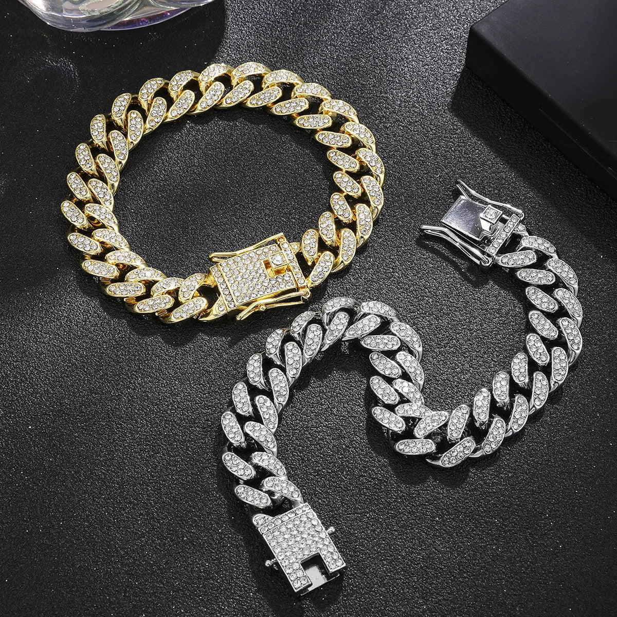 Volle Kristall Stein Kubanischen Kette Hip Hop Armband Für Männer Silber Farbe Metall Link Kette Strass Glück Verschluss Herren Armband
