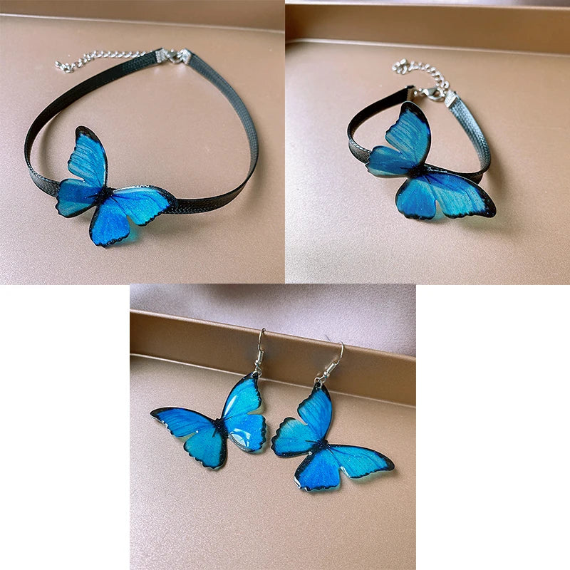 Blaue Schmetterling Halskette Armband Schmuck Set für Frauen Boho Leder Kette Choker Halskette Armreif Imitation Pealr Ohrringe