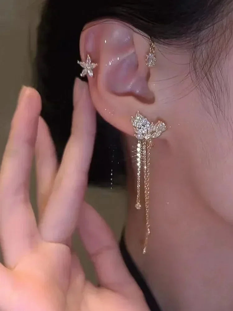 Glänzende Zirkon Schmetterling Ohr Manschette Gold Farbe Quaste Clip auf Ohrringe für Frauen Kupfer Ohrring Ohne Piercing Schmuck Ohr Schleife