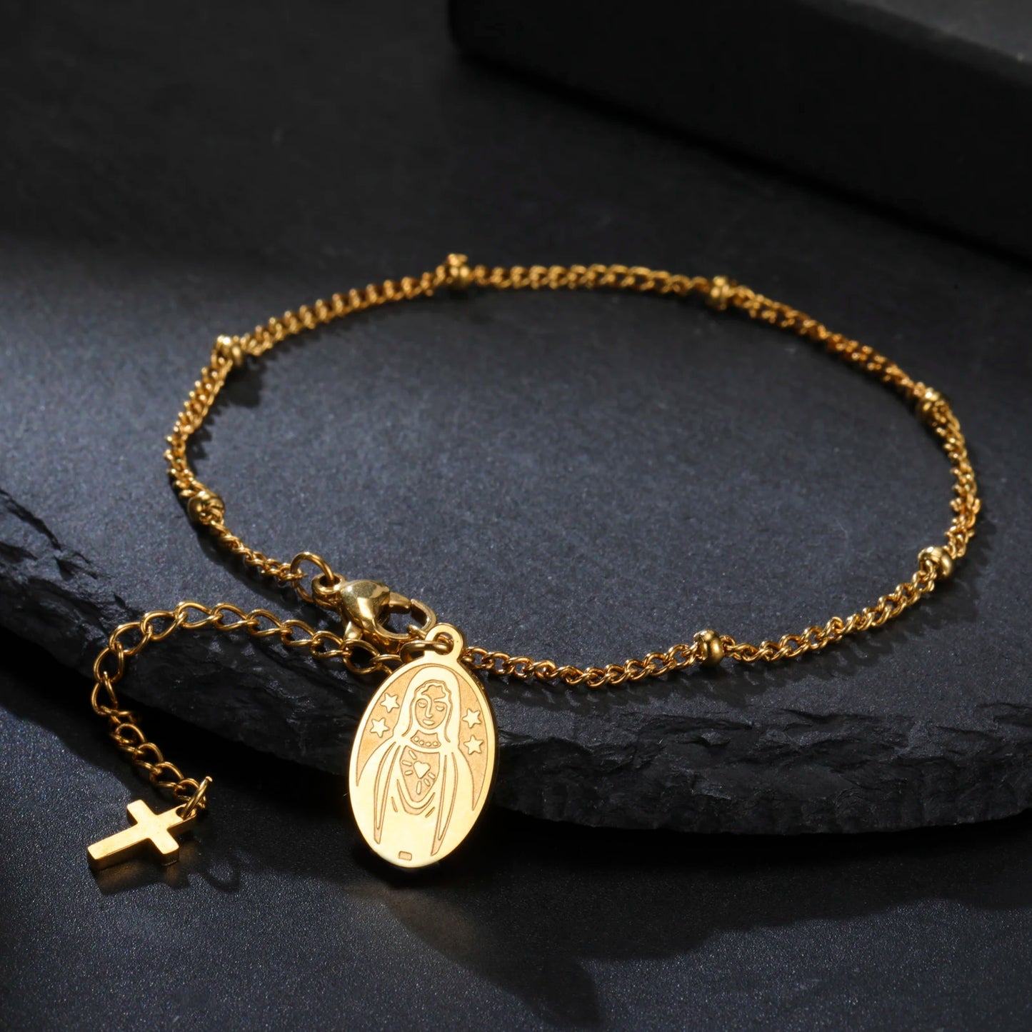 Edelstahl Perlen Kreuz Jungfrau Maria Anhänger Armband Modeschmuck Armband Geschenk für Frau