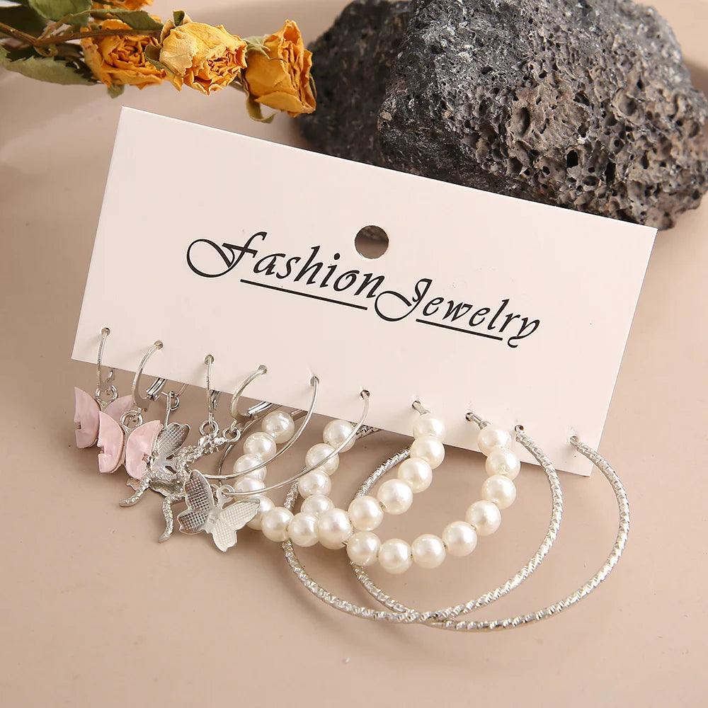 Mode Große Silber Farbe Runde Kreis Perle Hoop Ohrringe für Frauen Mädchen Schlange Schmetterling Baumeln Ohrring Set Weibliche Y2K Schmuck