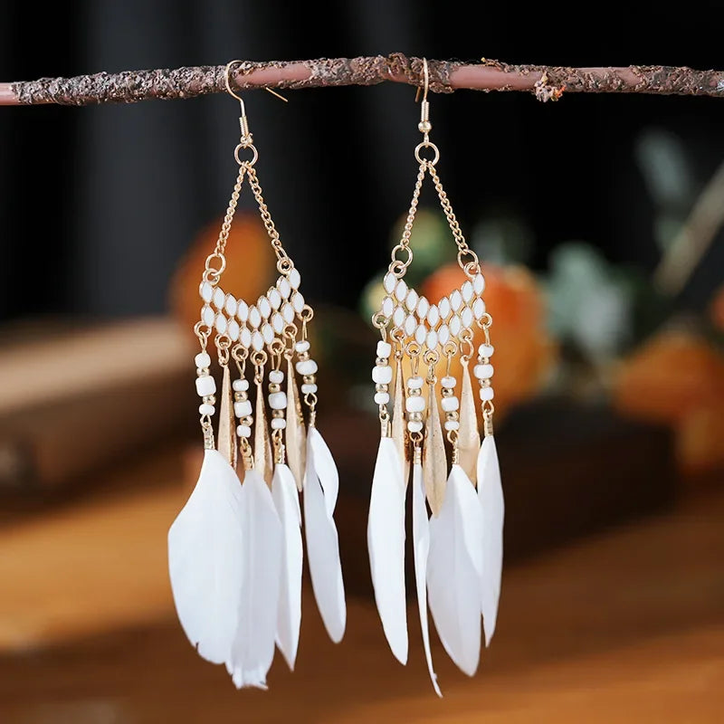 Bohemian Ethnische Feder Baumeln Ohrringe Für Frauen Trendy Lange Quaste Bunte Perlen Tropfen Ohrringe Mädchen Weibliche Boho Schmuck