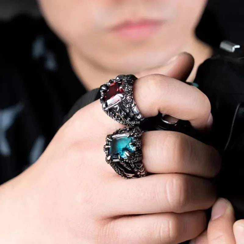1 Stück Gothic Blauer und roter Kristall Böser Dämon Drachenklauen-Ring für Männer Gramm Biker Punk Rock Hip Hop Cooles Schmuckzubehör Mohamedца