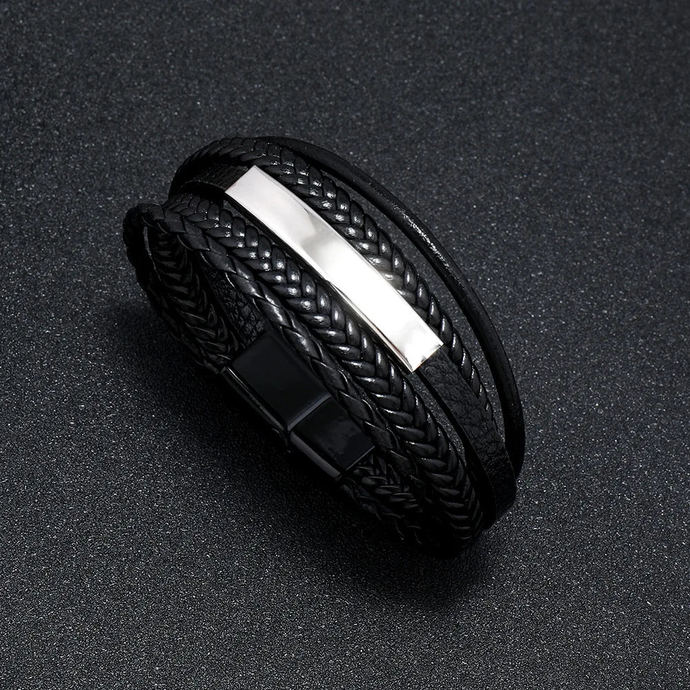 Trendige Lederarmbänder für Männer, Edelstahlarmband, 21 cm, mehrschichtige geflochtene Seilarmbänder für männliche Schmuckgeschenke