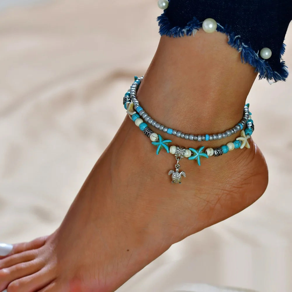 Doppel Fußkettchen Conch Starfish Sand Schildkröte Anhänger Fuß Ketten Türkis Stein Perlen Charme Strand Sommer Armband Knöchel Schmuck