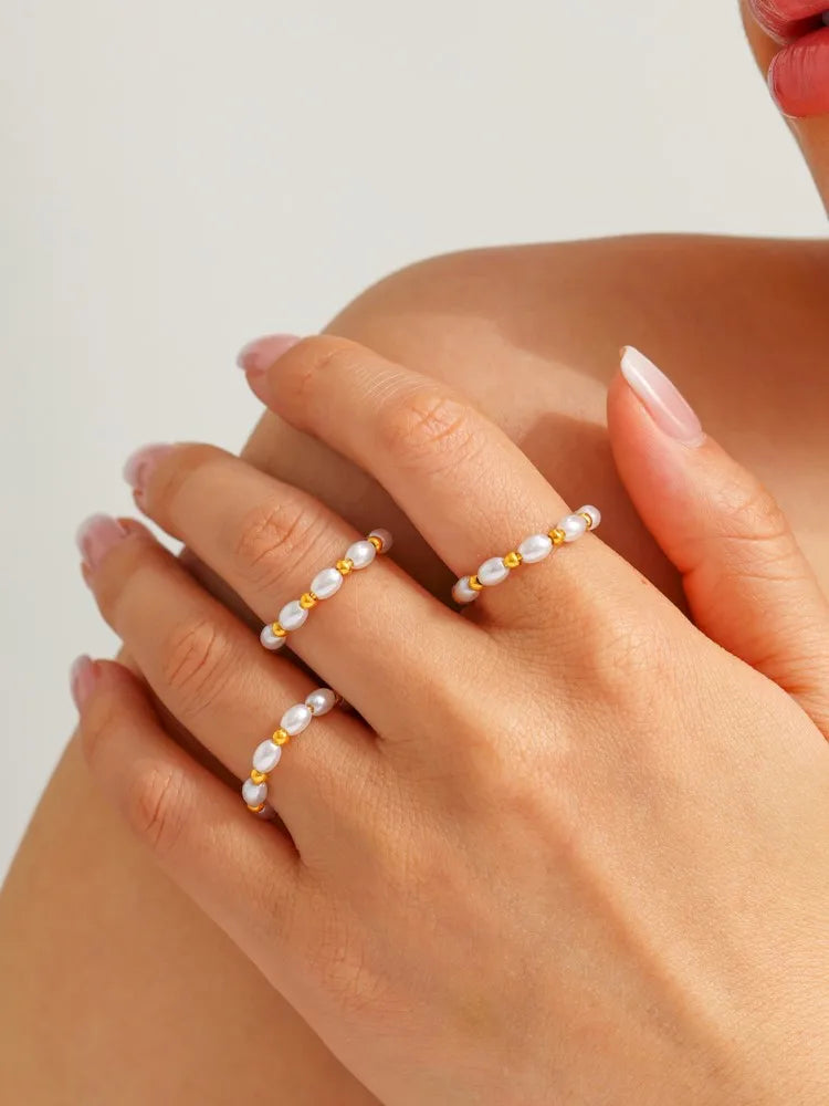 Imitation Perle Gemischte Edelstahl Perlen Ring Für Frauen 18k Gold Überzogene frauen Multi Größe Perlen Ringe Luxus frau Schmuck