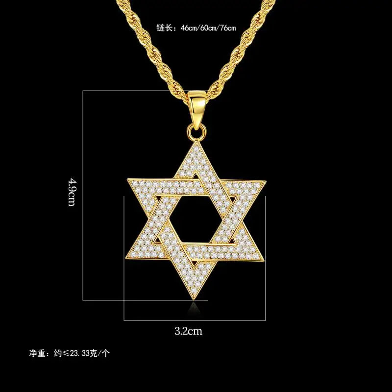 Hip Hop Männer vergoldet Schmuck Micro Pave vereist cz Stein Stern von David Anhänger Hexagramm Israel Judaismus Halsketten