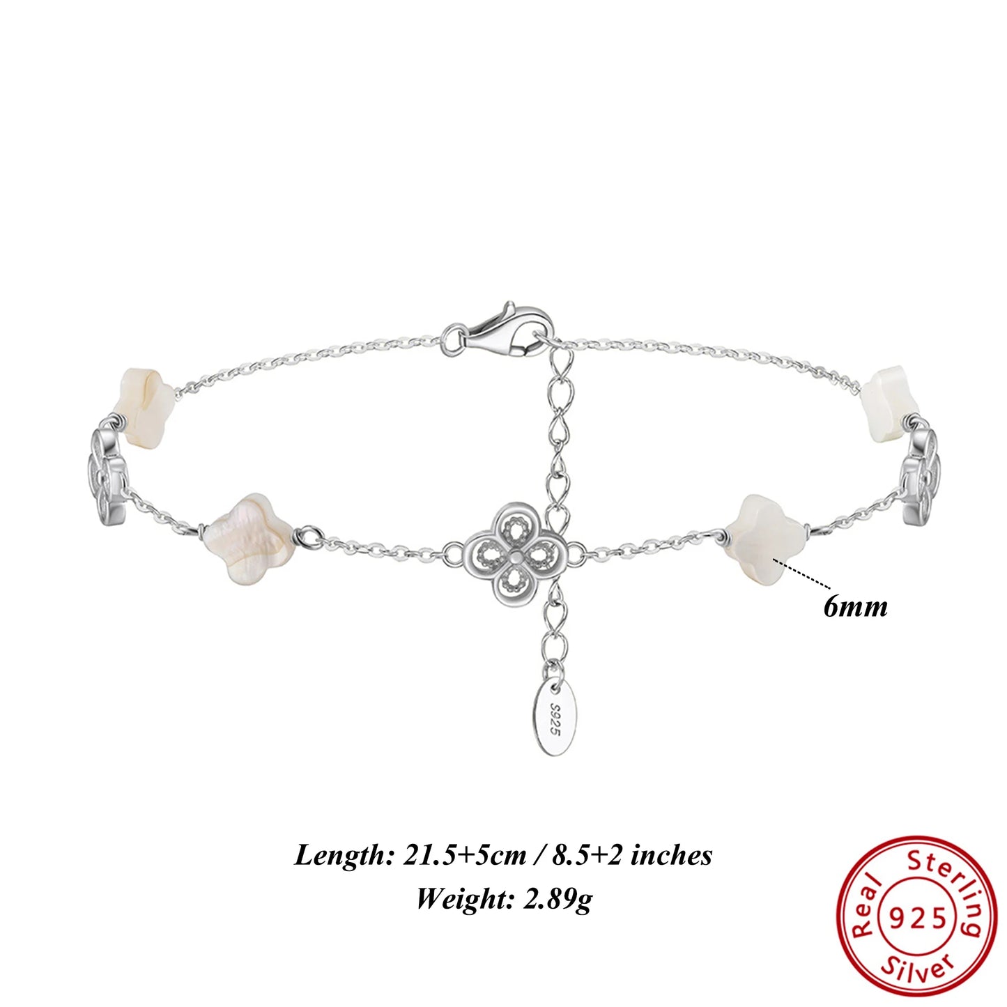 ORSA JEWELS Fußkettchen aus 925er-Sterlingsilber mit weißer Muschel, vierblättriges Kleeblatt-Design, Naturstil, Glückssymbol, Sommer-Accessoire, Geschenk GMA03