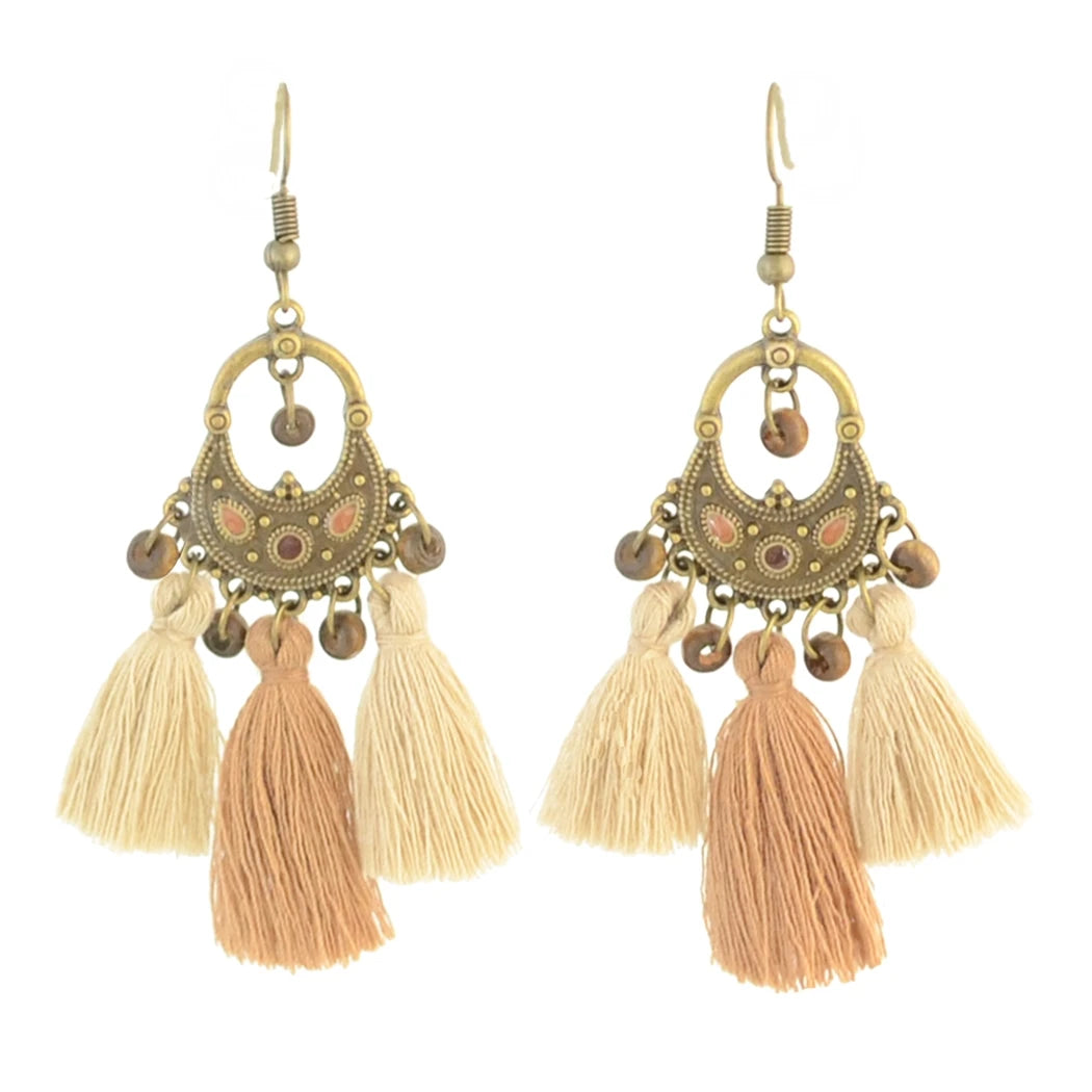 Mode Lange Quaste Braune Feder Braut Hochzeit Ohrringe Böhmischen Vintage Holz Perlen Baumeln Ohrringe Für Frauen Indischen Schmuck