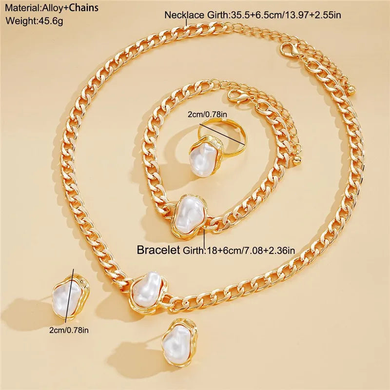 Gold Farbe Unregelmäßige Perle Offene Ringe Ohrringe Armband Halskette für Frauen Übertrieben Vintage Metall Schmuck Set Geschenke