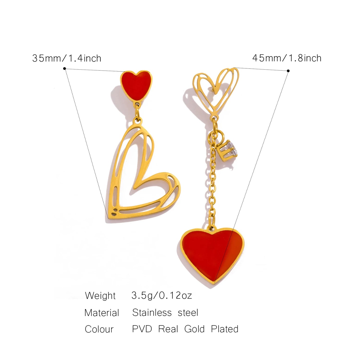 UHBINYCA Asymmetrische rote herzförmige Quasten-Anhänger-Ohrringe für Damen, vergoldeter exquisiter Schmuck aus Edelstahl