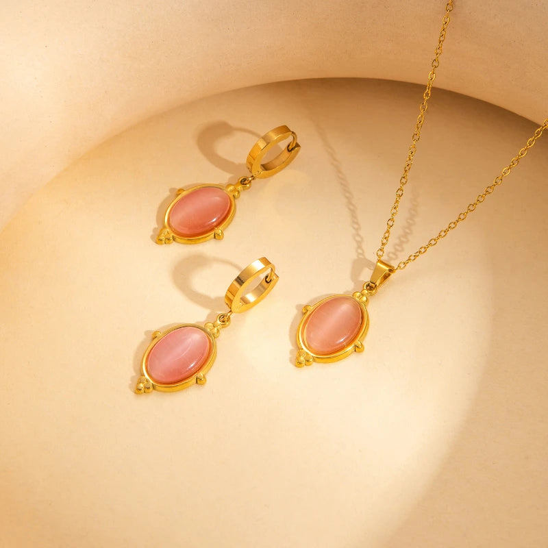 Uorich Vintage Mode Edelstahl vergoldet 18k eingelegte farbige Opal Halskette Ohrringe für Frauen Schmuck Set Party Geschenk